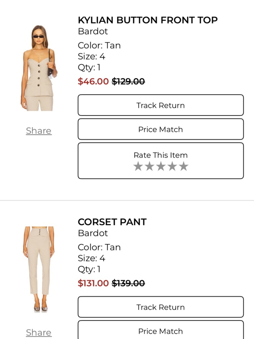Bardot 2 piece SET- Kylian button Top and Tan High-Waist Corset & Ankle Pants